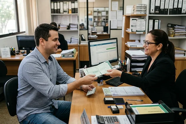 Cliente recebendo licenciamento de veículo.
