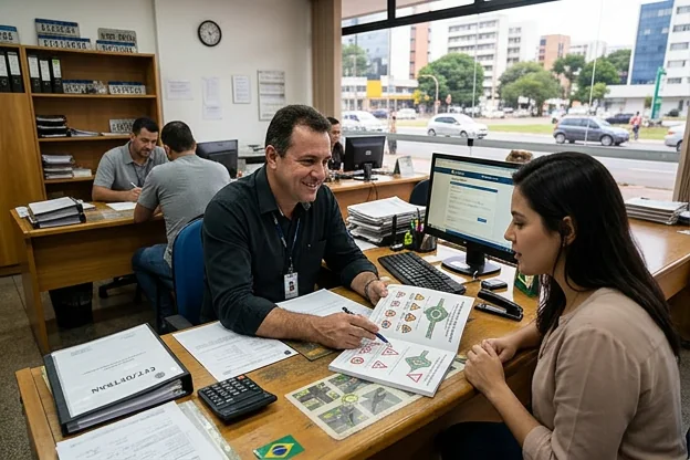 Despachante explicando regras de trânsito a um cliente.