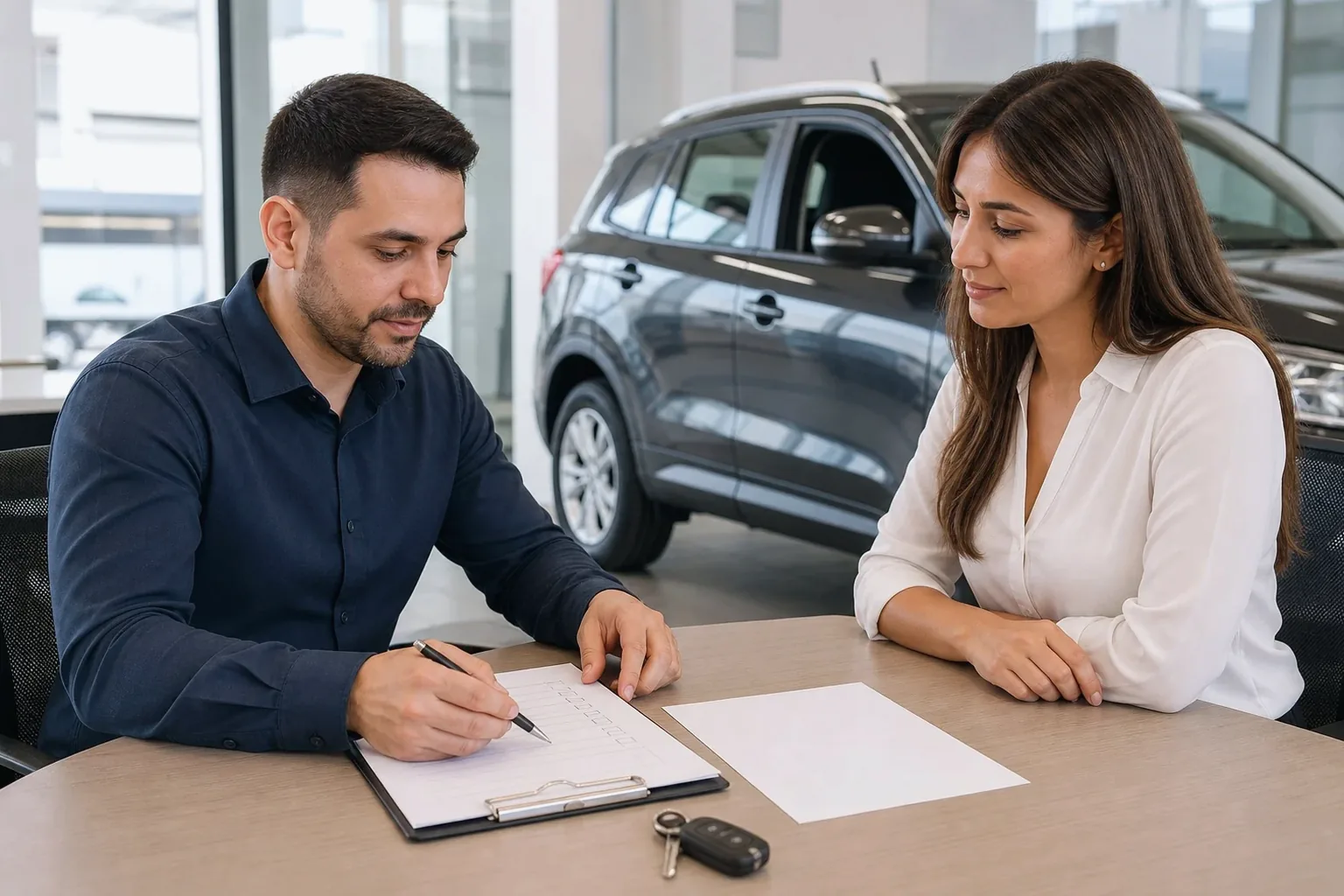 Profissional explicando sobre o licenciamento de veículo a cliente.