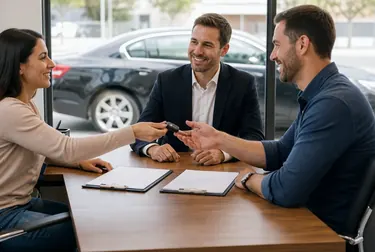 Profissional orientando cliente na transferência de veículo.