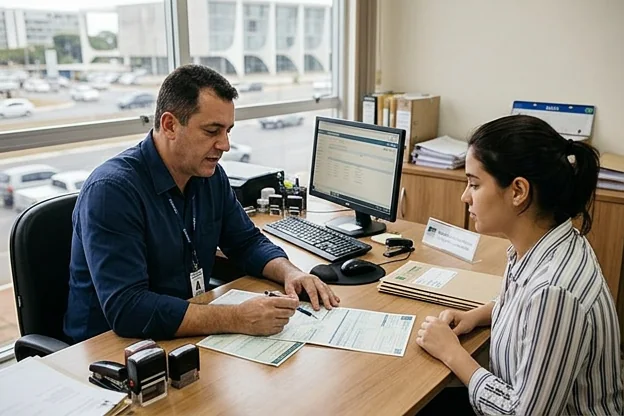 Profissional orientando sobre documentação veicular.