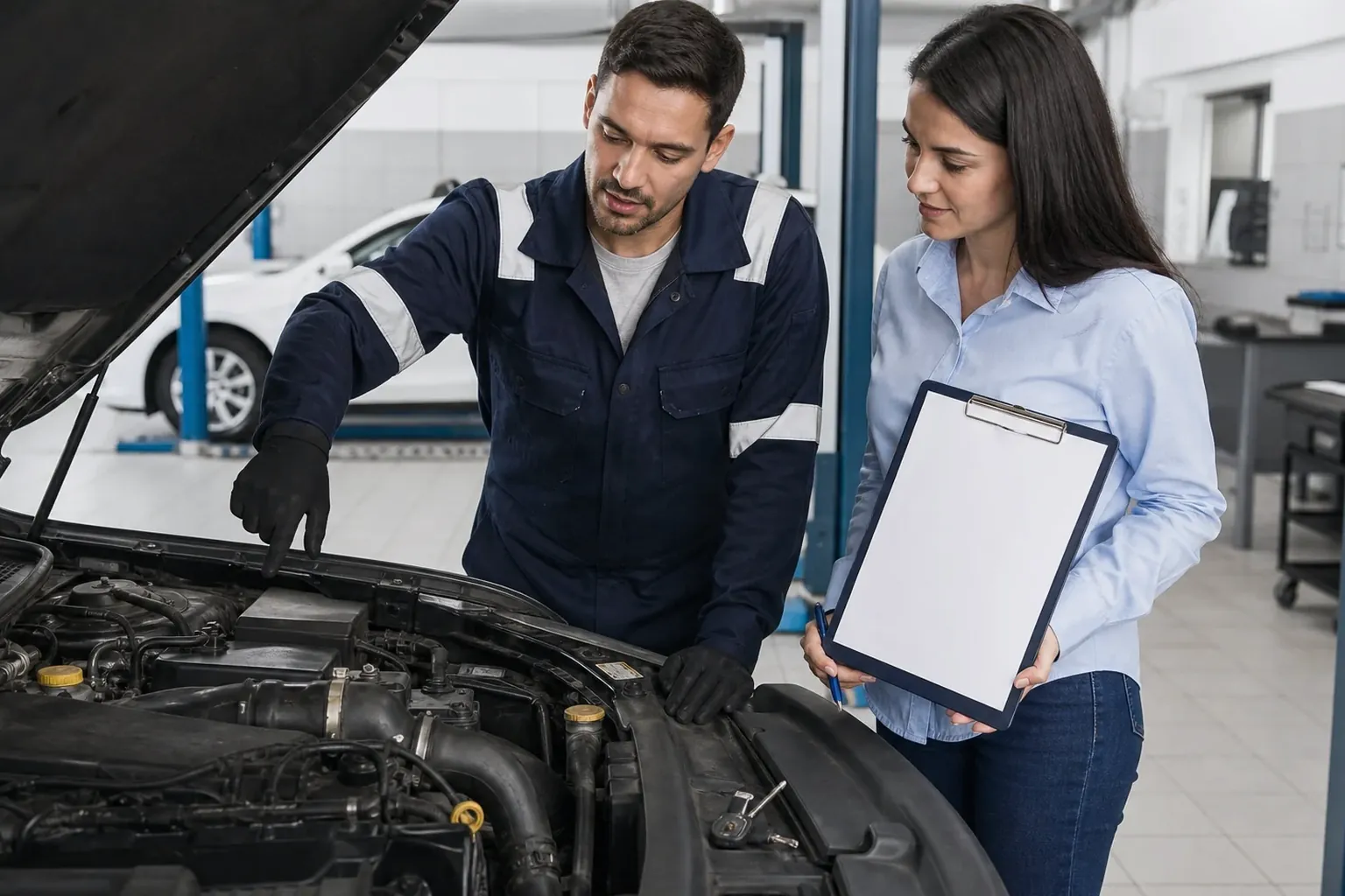 Profissional realizando cadastro de motor de veículo.